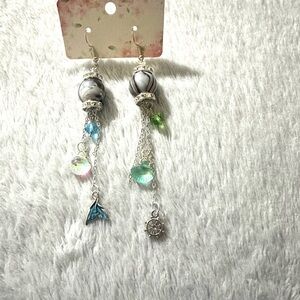 Handcrafted Silver-Tone Marble Bead Drop Earrings with Blue & Green Accents